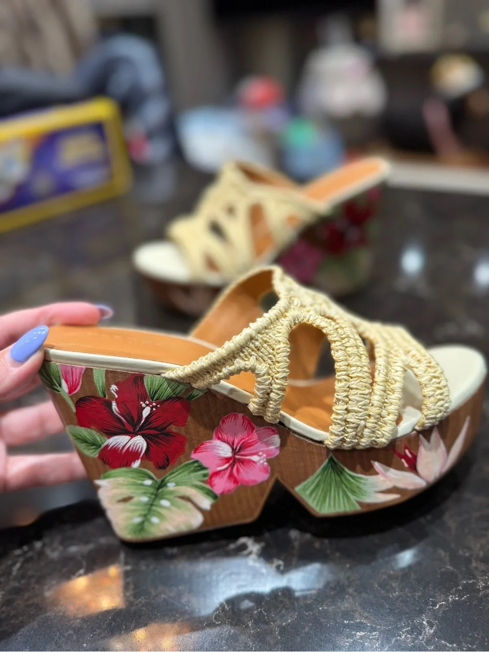 Clergerie Braided Natural Raffia Platform Slide with Floral Wood Wedge